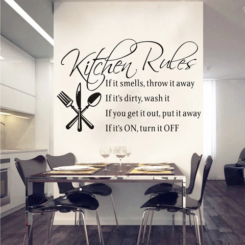 Pegatina de Pared de Vinilo Kitchen Rules Negro Letras Artísticas Con Patrón de Cubertería Calcomanía de Pared Impermeable Removible