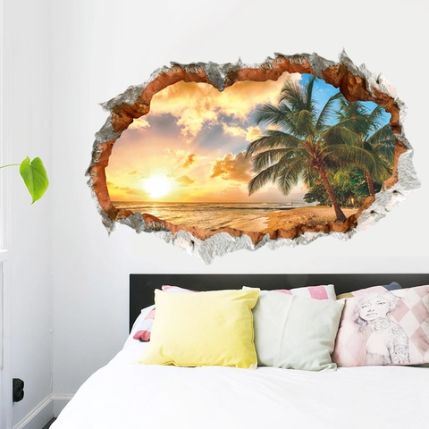 Pegatina de Pared Efecto Pared Rota 3D Playa Atardecer Cocoteros Impermeable PVC Removible Decoración de Hogar Para Sala