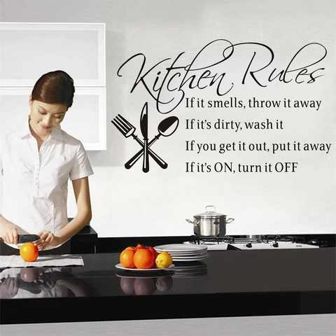 Pegatina de Pared de Vinilo Kitchen Rules Negro Letras Artísticas Con Patrón de Cubertería Calcomanía de Pared Impermeable Removible