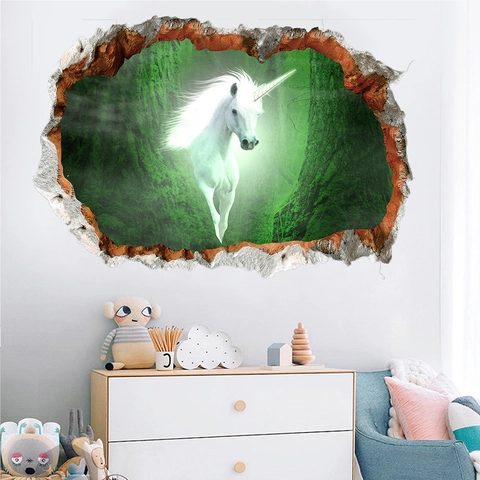 Adesivo da Parete 3D Muro Rotto Unicorno Foresta Impermeabile PVC Decorazione Casa Murale Per Cameretta Soggiorno Camera Letto KS8853