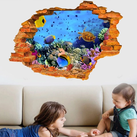 3D Durchbruch Wand Meeresschildkröte Tropische Fische Ozean Welt Wandaufkleber PVC Wasserdicht Unterwasser Riff Dekoration
