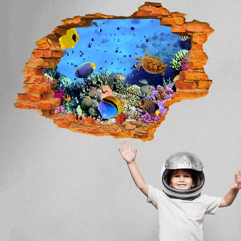 3D Durchbruch Wand Meeresschildkröte Tropische Fische Ozean Welt Wandaufkleber PVC Wasserdicht Unterwasser Riff Dekoration