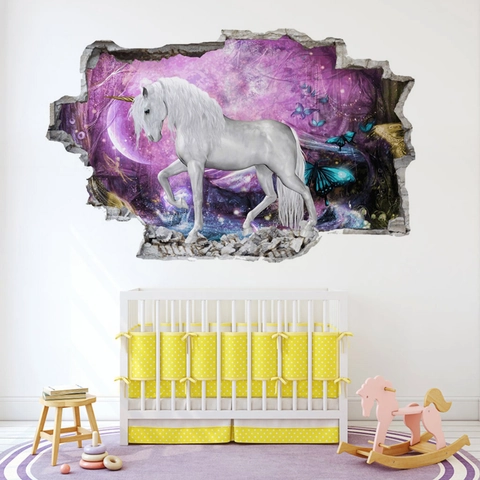 Pegatina de Pared PVC 3D Efecto Rotura de Pared Unicornio Bosque Fantasía Mariposa Autoadhesivo para Dormitorio Infantil