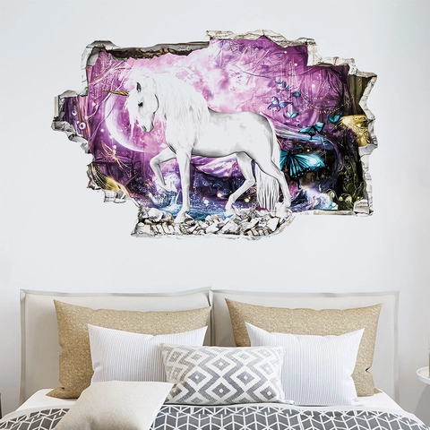 Pegatina de Pared PVC 3D Efecto Rotura de Pared Unicornio Bosque Fantasía Mariposa Autoadhesivo para Dormitorio Infantil