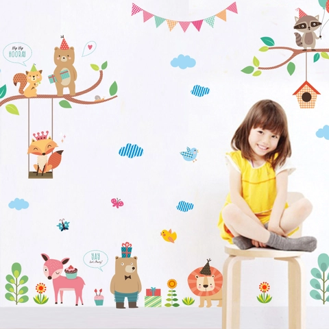 Pegatinas de Pared de Animales del Zoológico de Dibujos Animados Zorro León Oso PVC Impermeable para Cuarto de Niños