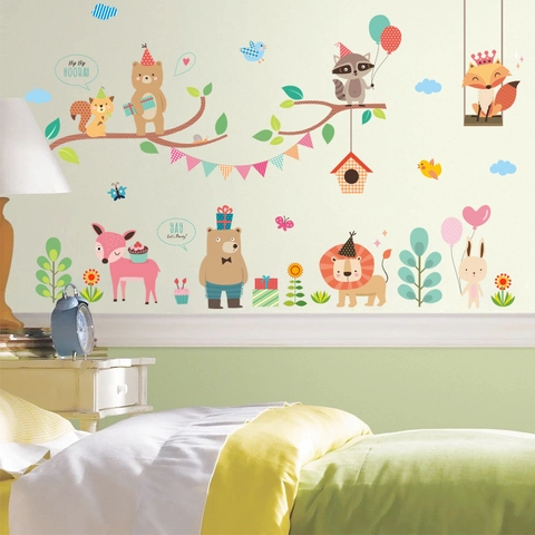 Pegatinas de Pared de Animales del Zoológico de Dibujos Animados Zorro León Oso PVC Impermeable para Cuarto de Niños