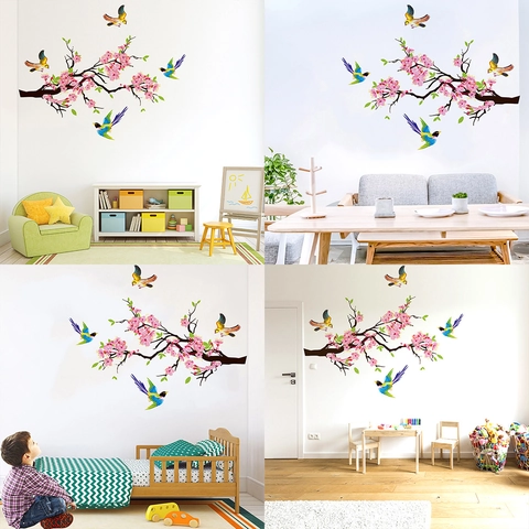Waterdichte PVC Muurstickers Verwijderbare Roze Kersenbloesem Tak Vogels Muurstickers Voor Woonkamer Slaapkamer Decor