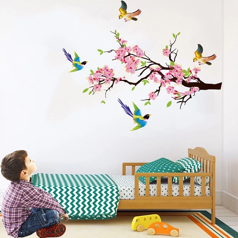 Waterdichte PVC Muurstickers Verwijderbare Roze Kersenbloesem Tak Vogels Muurstickers Voor Woonkamer Slaapkamer Decor
