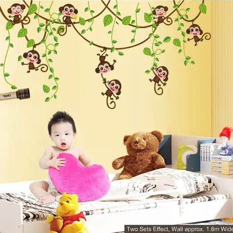 Cartoon Monkey Tree Vine Wall Sticker Removable PVC Decal For Kids Room Nursery Kindergarten Modern Home Wall Decoration