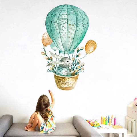 Konijn Luchtballon Muursticker Aquarel Dieren Harten Sterren Zelfklevend PVC Behang Voor Kinderkamer Home Decor