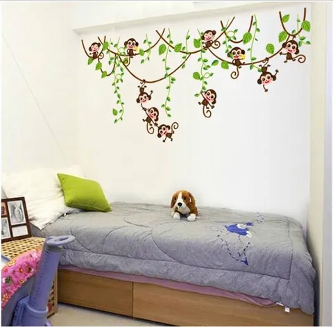 Cartoon Monkey Tree Vine Wall Sticker Removable PVC Decal For Kids Room Nursery Kindergarten Modern Home Wall Decoration