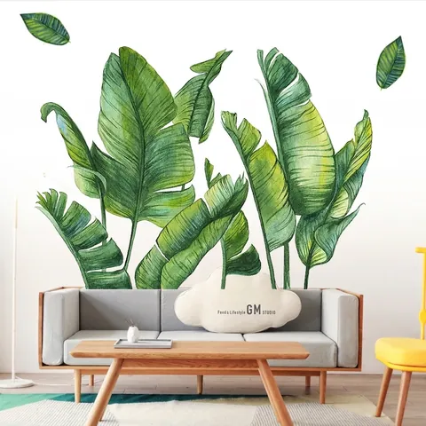 Pegatinas de Pared de Hojas Verdes Tropicales Nórdicas Acuarela Hoja de Plátano PVC Impermeable DIY Planta Calcomanía para Sala de Estar Dormitorio Decoración de Casa