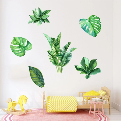 Tropical Green Leaf Wall Stickers Nordic Watercolor Plant Monstera Banana Leaves PVC Waterproof Decals For Home Living Room Bedroom