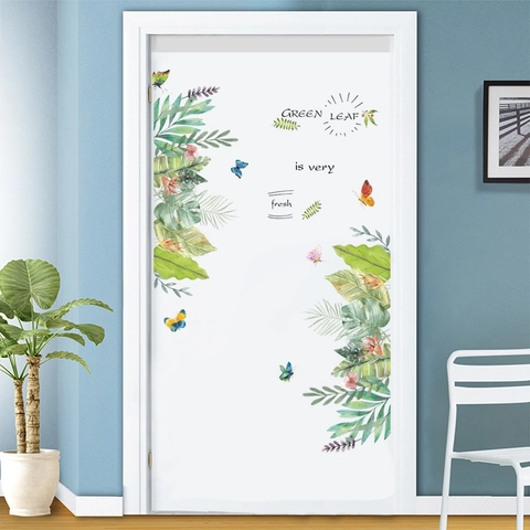 Pegatinas de Pared de Hojas Tropicales Verdes Frescas Impermeable PVC Mariposa Plantas Calcomanías para Sala de Estar Dormitorio