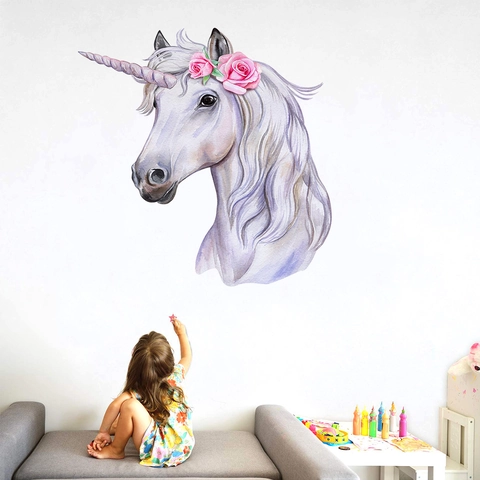 Aquarel Eenhoorn Hoofd Roze Roos Muursticker Waterdicht PVC Verwijderbaar Decoratie Voor Kinderkamer Slaapkamer Meubels