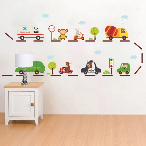 Cartoon Tiere Die Autos Fahren Wandaufkleber Abnehmbare PVC Transportfahrzeug Wandtattoos Für Kinderzimmer Kindergarten Schlafzimmer Dekor