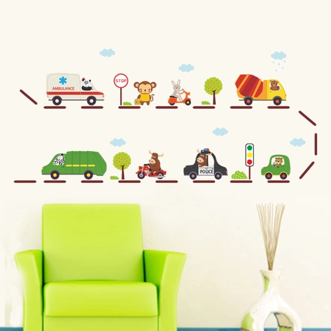 Cartoon Tiere Die Autos Fahren Wandaufkleber Abnehmbare PVC Transportfahrzeug Wandtattoos Für Kinderzimmer Kindergarten Schlafzimmer Dekor