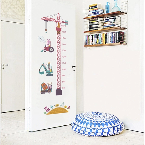 Cartoon Tower Crane Construction Vehicle Kids Height Chart Wall Sticker PVC Removable Height Measure Decal For Children Room Decor
