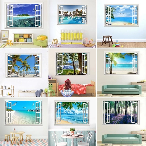 Adesivo Murale 3D a Falsa Finestra Paesaggio Naturale in PVC Rimovibile per Soggiorno Camera da Letto Ufficio Decorazione Casa Murale