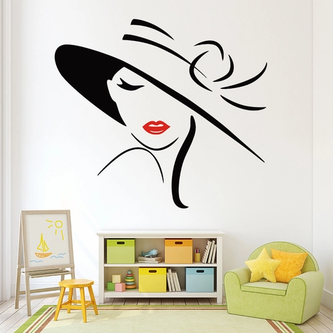 Elegante Perfil Femenino Con Sombrero Ala Ancha Labios Rojos Pegatina Pared PVC Impermeable Mural Arte Para Peluquería