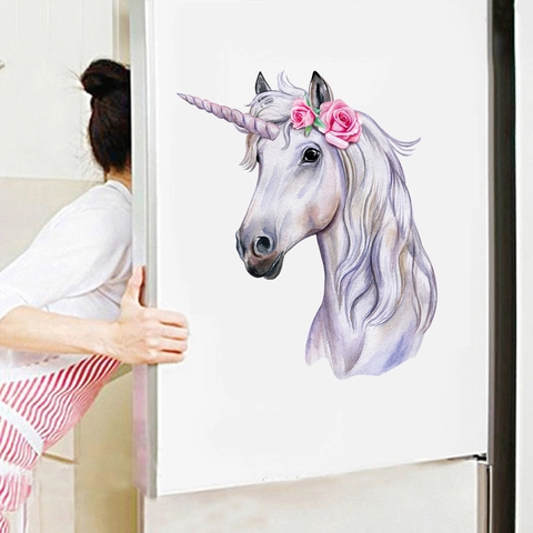 Aquarel Eenhoorn Hoofd Roze Roos Muursticker Waterdicht PVC Verwijderbaar Decoratie Voor Kinderkamer Slaapkamer Meubels
