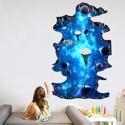 3D Gebrochene Wand Sternenhimmel Wandtattoo Weltraum Planeten Raumschiff PVC Wasserdicht Abnehmbar Home Decor Wandbild Für Kinderzimmer