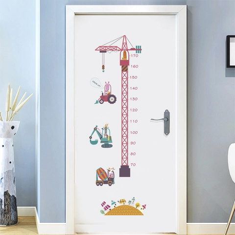 Cartoon Tower Crane Construction Vehicle Kids Height Chart Wall Sticker PVC Removable Height Measure Decal For Children Room Decor