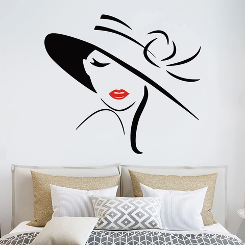 Elegante Perfil Femenino Con Sombrero Ala Ancha Labios Rojos Pegatina Pared PVC Impermeable Mural Arte Para Peluquería