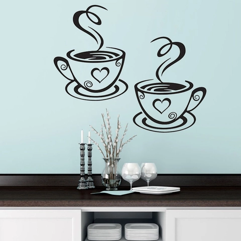Minimalist Coffee Cup Heart Wall Stickers PVC Waterproof Removable Decals For Kitchen Cafe Dining Room Home Decor