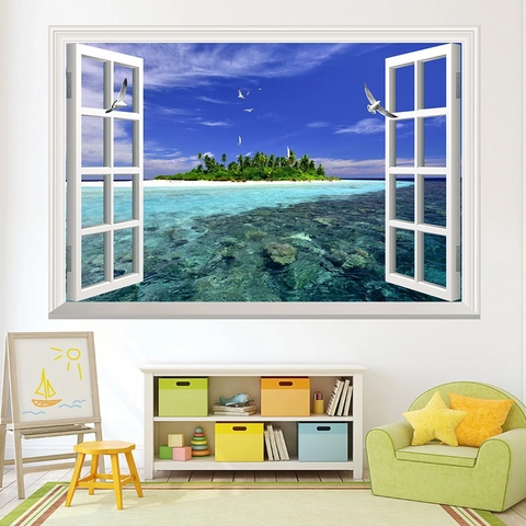 Adesivo Murale 3D a Falsa Finestra Paesaggio Naturale in PVC Rimovibile per Soggiorno Camera da Letto Ufficio Decorazione Casa Murale
