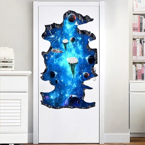3D Gebrochene Wand Sternenhimmel Wandtattoo Weltraum Planeten Raumschiff PVC Wasserdicht Abnehmbar Home Decor Wandbild Für Kinderzimmer