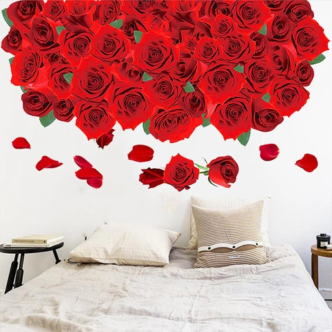 Romantic Red Rose Wall Sticker Waterproof PVC Floral Wall Decal For Living Room Bedroom Bathroom Kitchen DIY Home Decor
