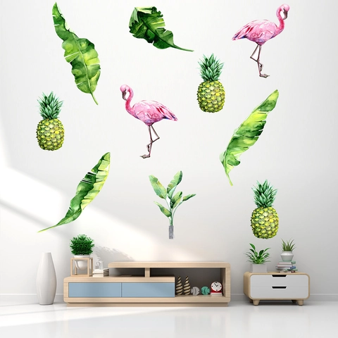 Adesivi Murali Moderni Minimalisti Fenicottero Tropicale E Ananas Foglie Verdi Impermeabili In PVC Decorazioni Acquerello