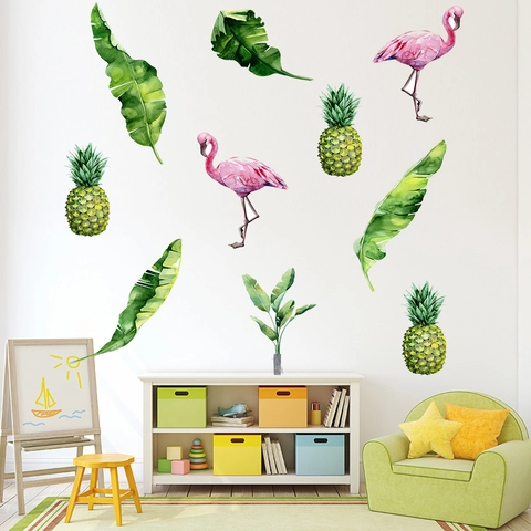 Adesivi Murali Moderni Minimalisti Fenicottero Tropicale E Ananas Foglie Verdi Impermeabili In PVC Decorazioni Acquerello