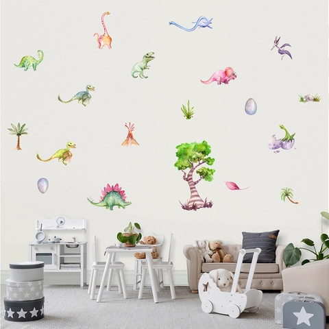 Cartoon Dinosaur Wall Stickers Watercolor Waterproof PVC Decals For Kids Room Kindergarten Bedroom Home Decor