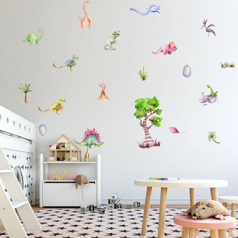 Cartoon Dinosaur Wall Stickers Watercolor Waterproof PVC Decals For Kids Room Kindergarten Bedroom Home Decor