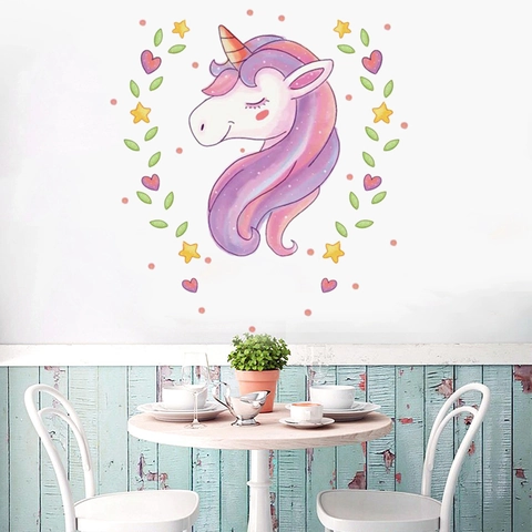 Adesivo Murale Unicorno Cartone Animato Viola Rosa Stella Cuore Impermeabile PVC Decalcomania Rimovibile Per Camera Bambini