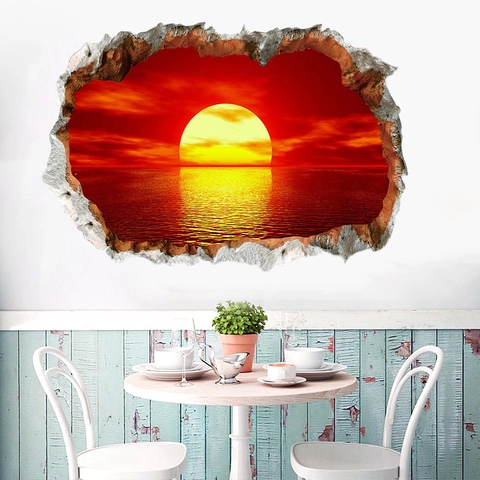 Pegatina de Pared 3D Efecto Pared Rota Atardecer Vista al Mar Impermeable PVC Paisaje Mural Decoración para Sala Dormitorio