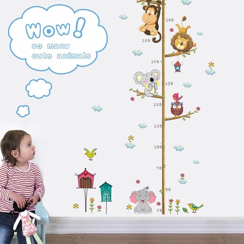 Cartoon Animal Kids Height Chart Wall Sticker PVC Jungle Elephant Lion Koala Owl Monkey Tree Height Measurement Decal Decor