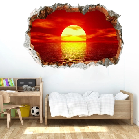 Pegatina de Pared 3D Efecto Pared Rota Atardecer Vista al Mar Impermeable PVC Paisaje Mural Decoración para Sala Dormitorio
