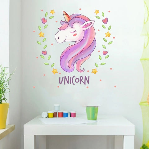 Adesivo Murale Unicorno Cartone Animato Viola Rosa Stella Cuore Impermeabile PVC Decalcomania Rimovibile Per Camera Bambini