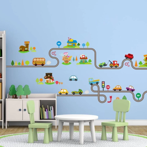 Cartoon Traffic City Car Road Wall Stickers For Kids Room Bedroom Nursery Removable PVC Decorative Decal Home Decor DIY