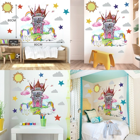 Watercolor Unicorn Castle Wall Stickers For Kids Nursery Decor Rainbow Stars Clouds Pink Magic Fairy Tale PVC Waterproof Mural