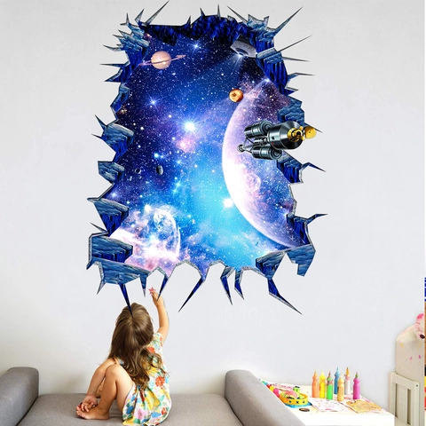 3D Galaxy Planeet Ruimte Muursticker Waterdicht PVC Sticker Ruimteschip Nebula Gebroken Muur Poster Voor Kinderkamer Home Decor