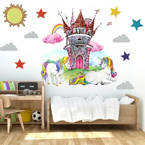 Watercolor Unicorn Castle Wall Stickers For Kids Nursery Decor Rainbow Stars Clouds Pink Magic Fairy Tale PVC Waterproof Mural