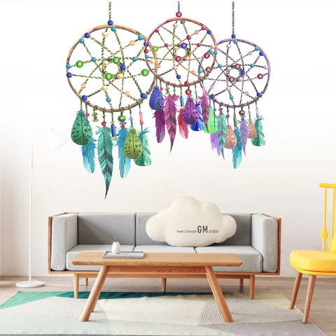 Adesivi Murali Acquerello Bohemian Acchiappasogni Piume Pattern PVC Removibili Decalcomanie per Camera da Letto Soggiorno Casa