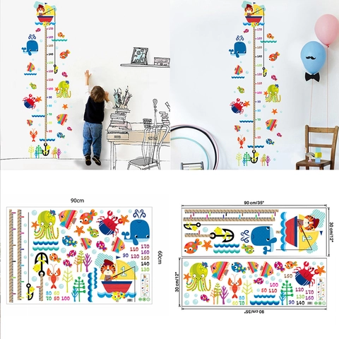 Vinilo Decorativo de Crecimiento Infantil Animales Marinos Dibujos Animados PVC Impermeable Mural Ballena Gato Pesca Cuarto Niños