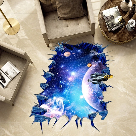 3D Galaxy Planeet Ruimte Muursticker Waterdicht PVC Sticker Ruimteschip Nebula Gebroken Muur Poster Voor Kinderkamer Home Decor