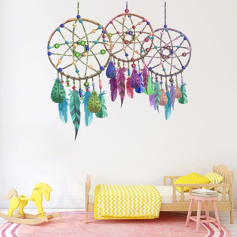 Stickers Muraux Aquarelle Bohème Attrape-Rêve Motif Plume PVC Autocollants Muraux Amovibles pour Chambre Salon Décoration