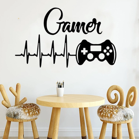 Adesivo Murale in Vinile Gamer Con Controller di Gioco e Modello di Battito Cardiaco per Camera dei Bambini Soggiorno Nero